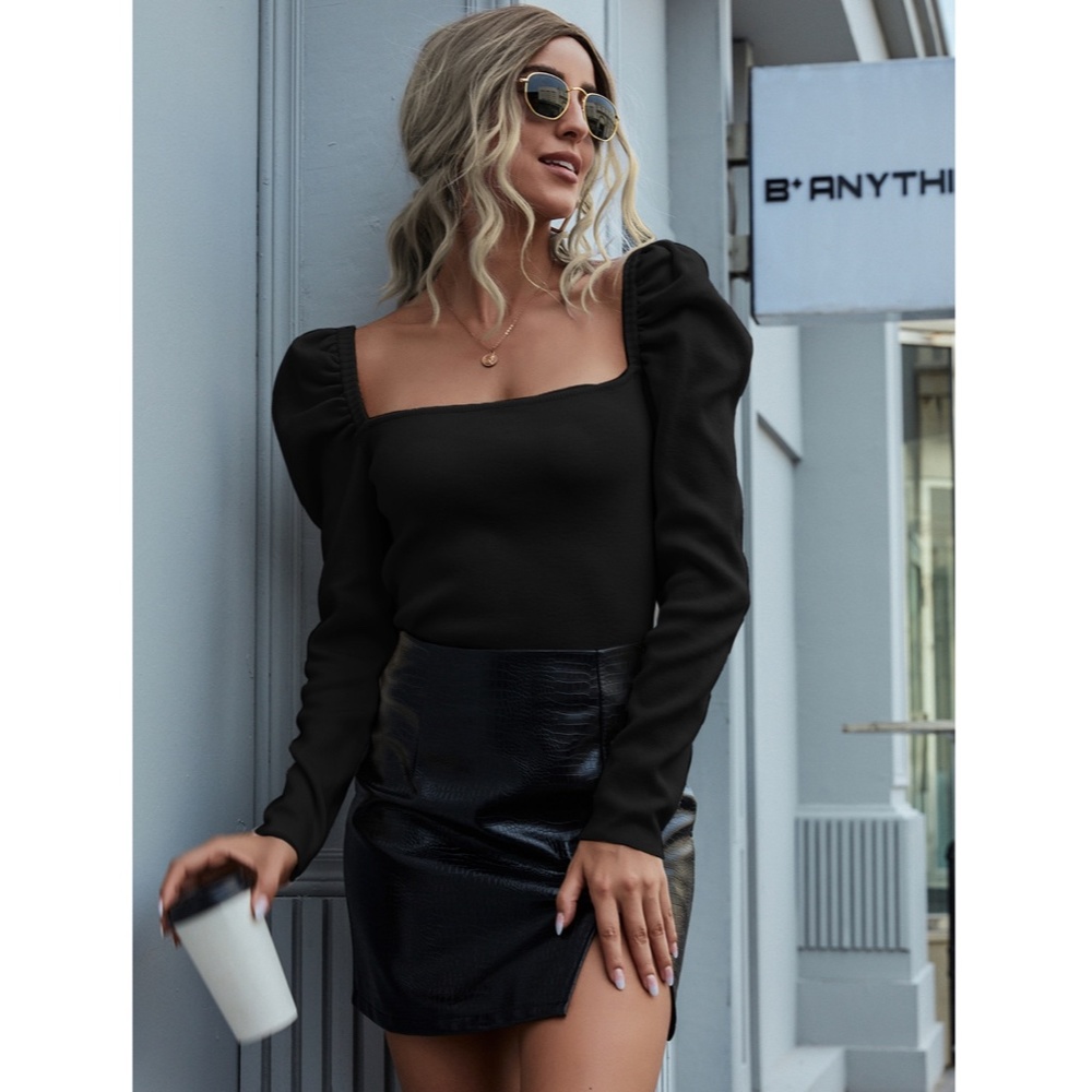 Puff Shoulder Square Neck Black Knit Top - Picture 2 of 8